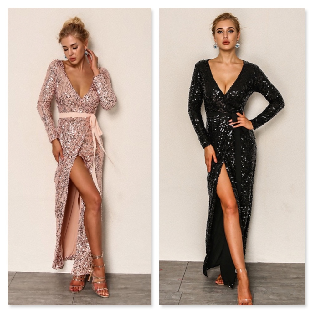 Pink Plunging V-Neck Sequin Wrap Belted Maxi Dress - Picture 4 of 13